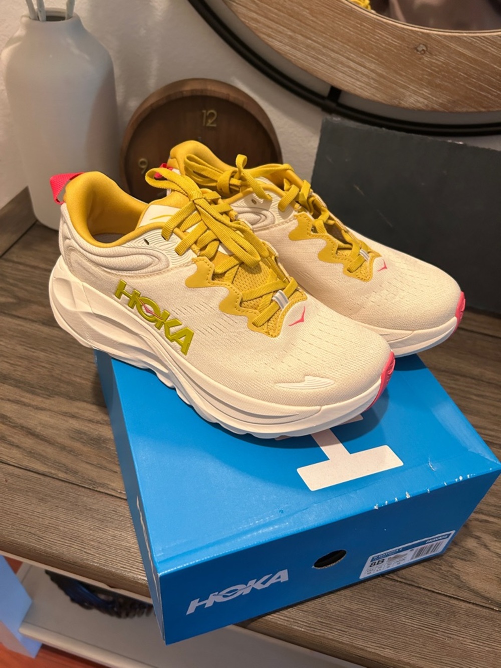 Hoka Cream and Yellow Women's Running Shoes with Pink Accents